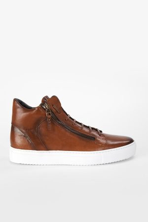 cognac distressed high sneakers.